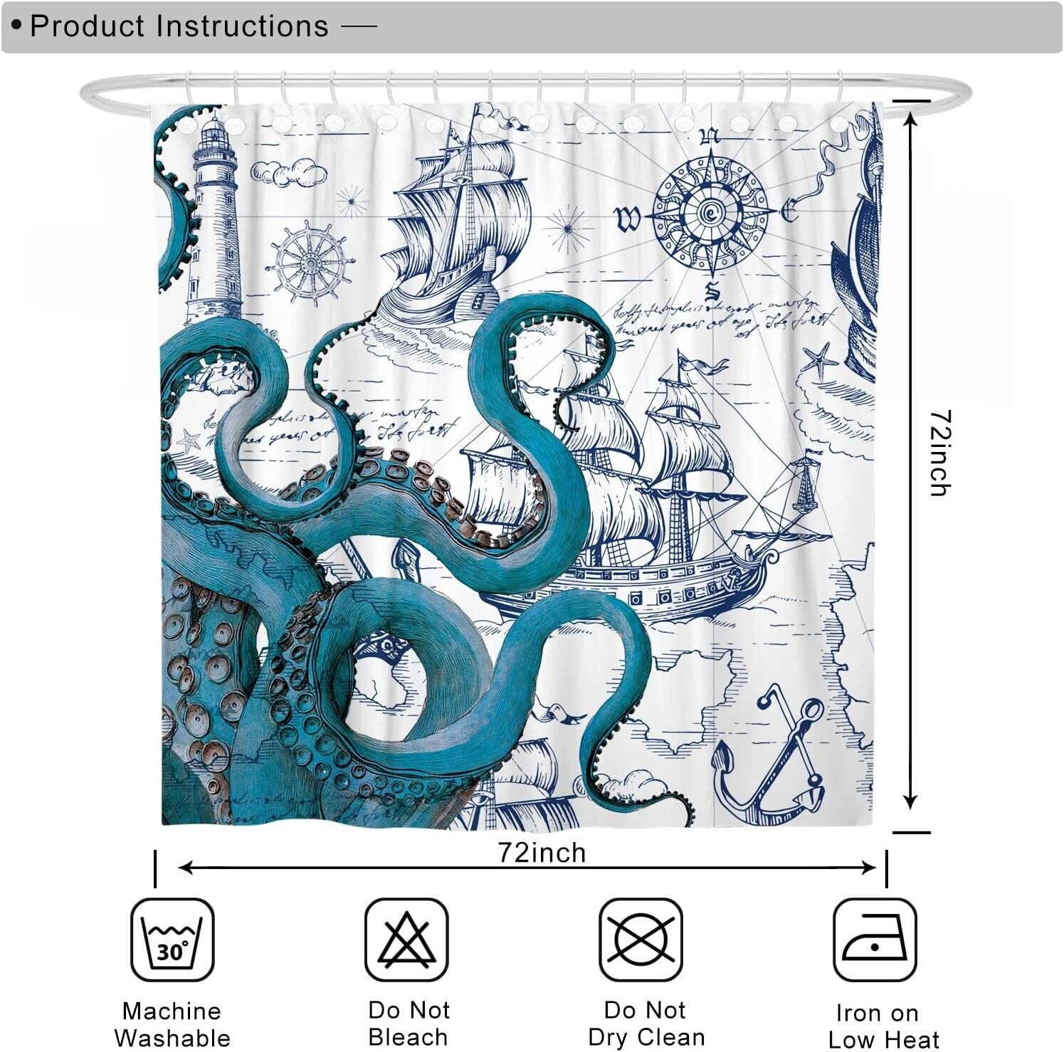 Nautical Octopus Shower Curtain - Funny And Blue - New! - Image 3