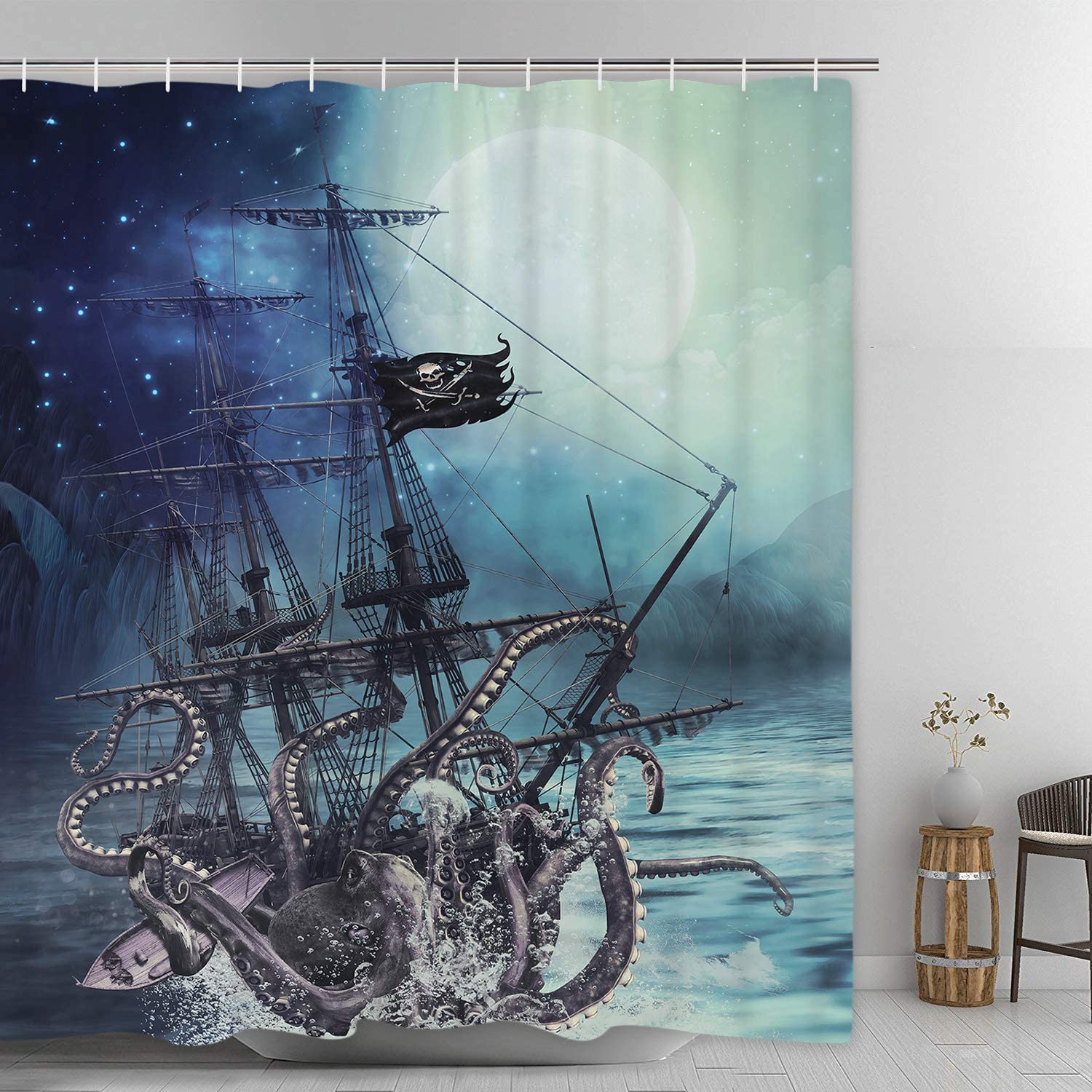 Nautical Octopus Shower Curtain: Kraken Attack Design.