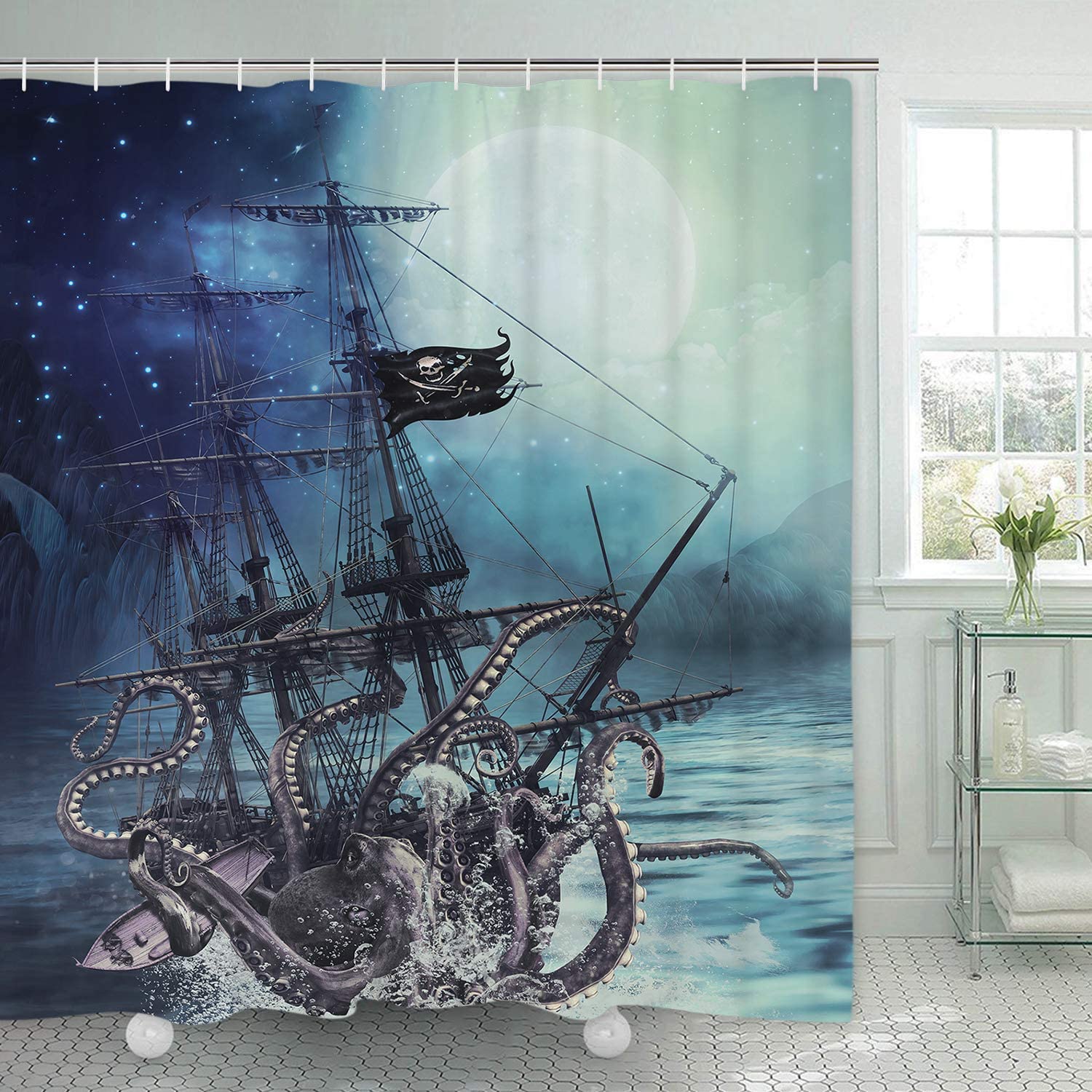 Nautical Octopus Shower Curtain: Kraken Attack Design.