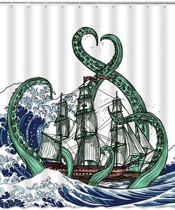 Nautical Octopus Shower Curtain With Green And Blue Prints For Your Marine-Themed Bathroom 