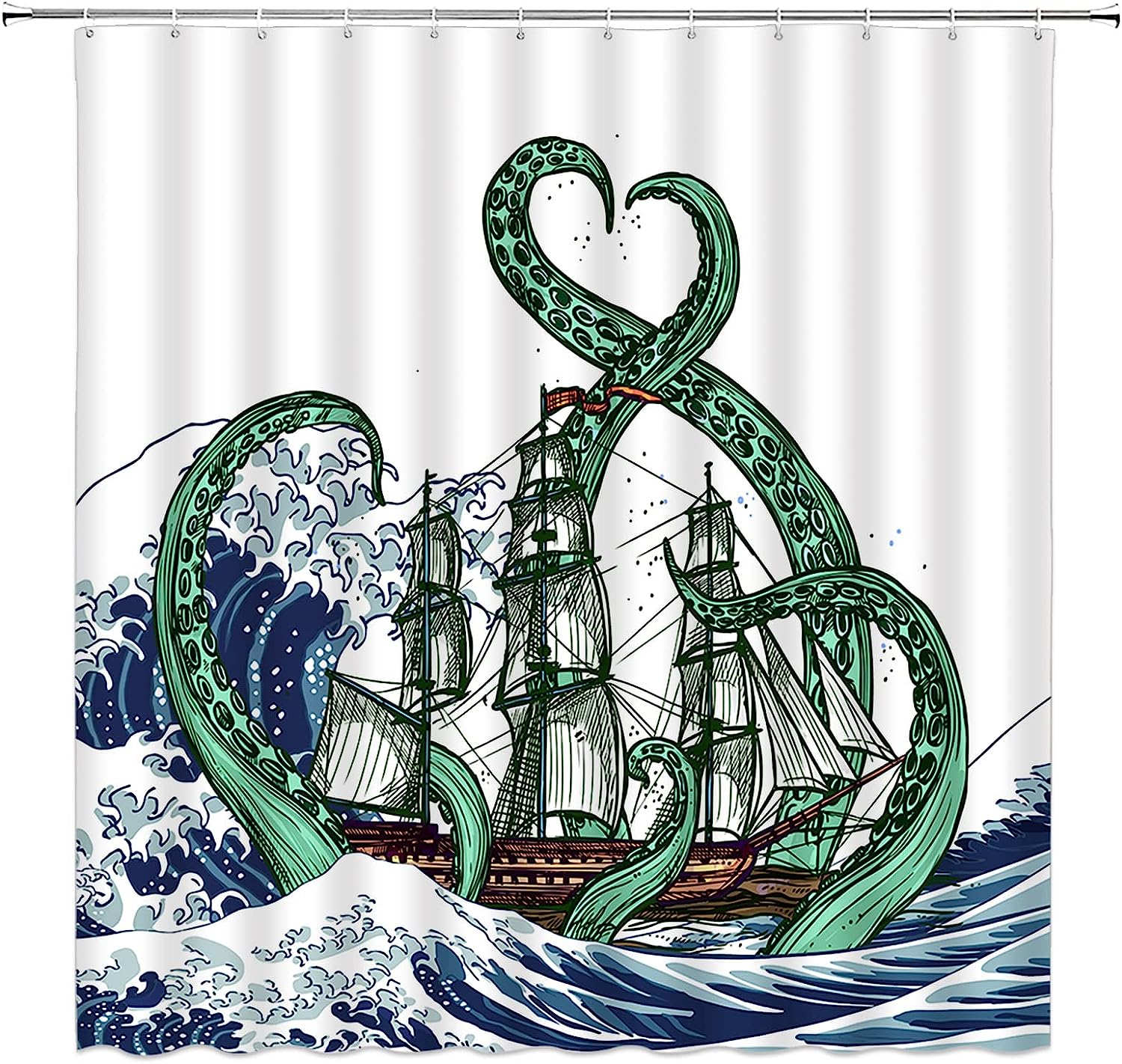 Nautical Octopus Shower Curtain With Green And Blue Prints For Your Marine-Themed Bathroom