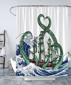 Nautical Octopus Shower Curtain With Green And Blue Prints For Your Marine-Themed Bathroom