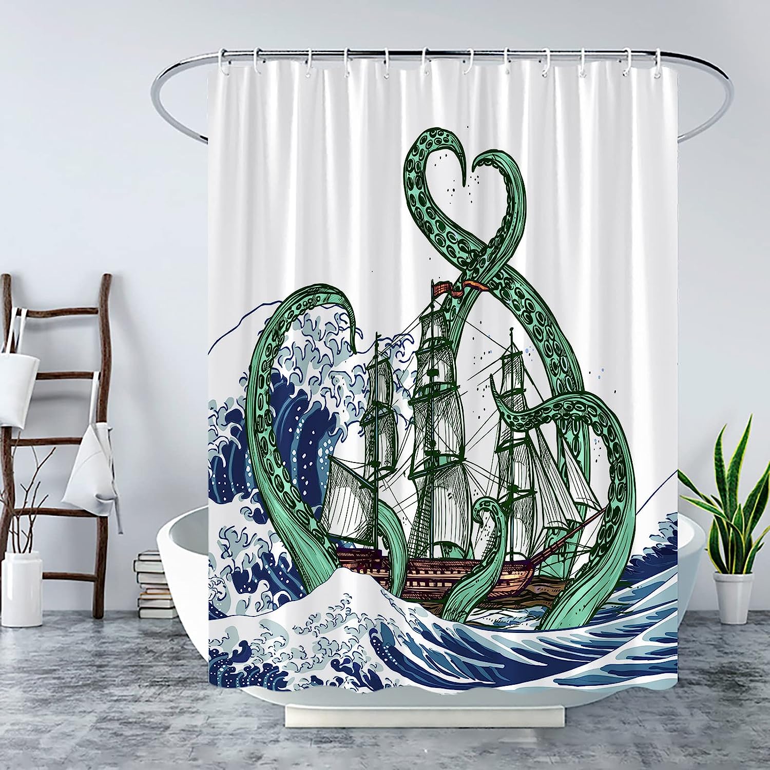 Nautical Octopus Shower Curtain With Green And Blue Prints For Your Marine-Themed Bathroom