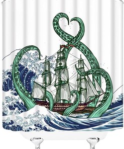 Nautical Octopus Shower Curtain With Green And Blue Prints For Your Marine-Themed Bathroom