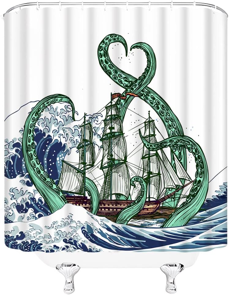 Nautical Octopus Shower Curtain With Green And Blue Prints For Your Marine-Themed Bathroom