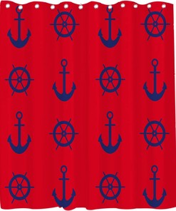 Nautical Pirate Compass Anchor Shower Curtain - LB Navy Red Ocean Themed Bathroom Decor