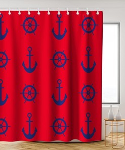 Nautical Pirate Compass Anchor Shower Curtain - LB Navy Red Ocean Themed Bathroom Decor