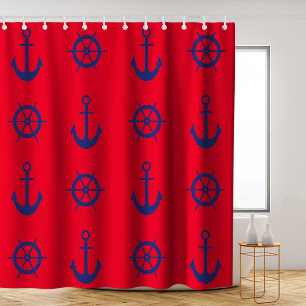 Nautical Pirate Compass Anchor Shower Curtain - LB Navy Red Ocean Themed Bathroom Decor
