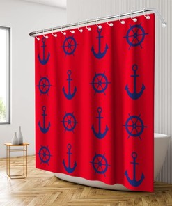 Nautical Pirate Compass Anchor Shower Curtain - LB Navy Red Ocean Themed Bathroom Decor