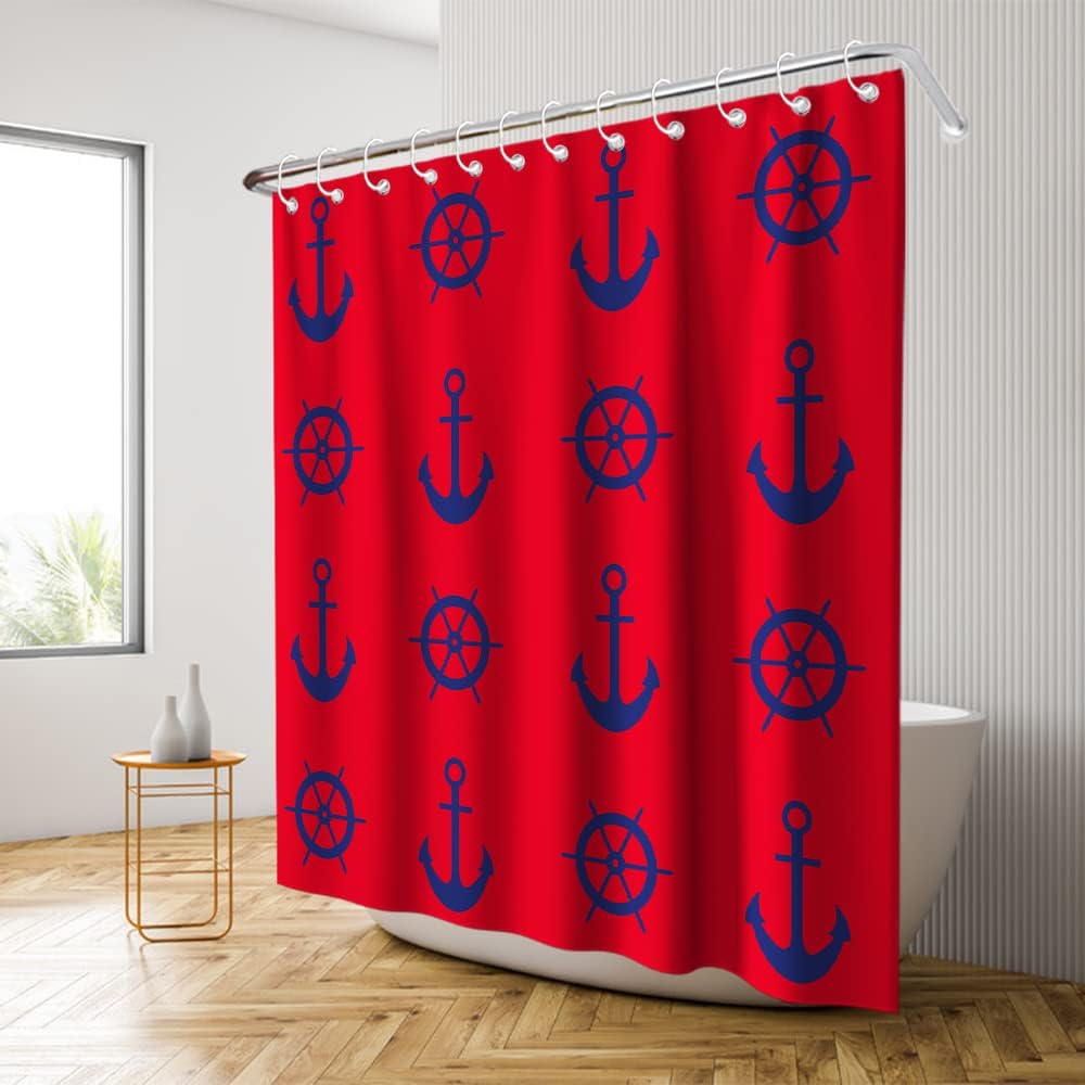 Nautical Pirate Compass Anchor Shower Curtain - LB Navy Red Ocean Themed Bathroom Decor