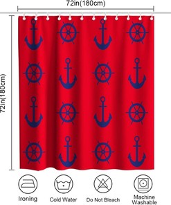 Nautical Pirate Compass Anchor Shower Curtain - LB Navy Red Ocean Themed Bathroom Decor
