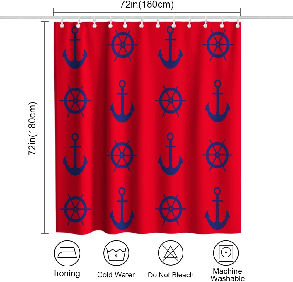 Nautical Pirate Compass Anchor Shower Curtain - LB Navy Red Ocean Themed Bathroom Decor