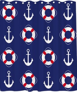 Nautical Pirate Life Buoy Anchor Shower Curtain - LB Navy Red and White Ocean Themed Bathroom Decor