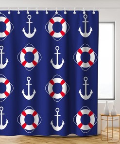 Nautical Pirate Life Buoy Anchor Shower Curtain - LB Navy Red and White Ocean Themed Bathroom Decor