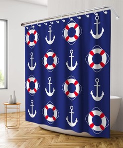 Nautical Pirate Life Buoy Anchor Shower Curtain - LB Navy Red and White Ocean Themed Bathroom Decor
