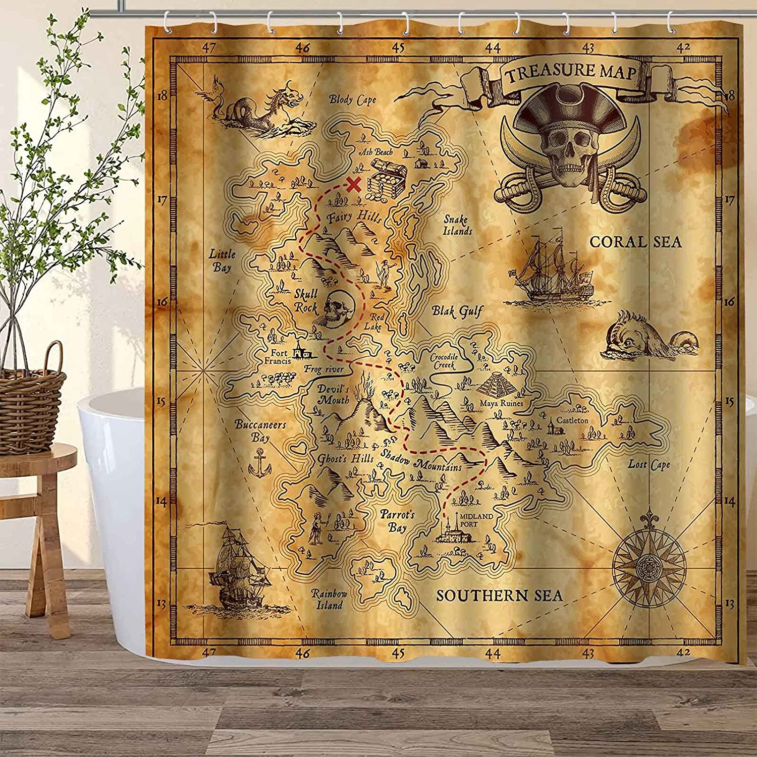 Nautical Pirate Treasure Map Shower Curtain - Pirate-Themed Bathroom Decor