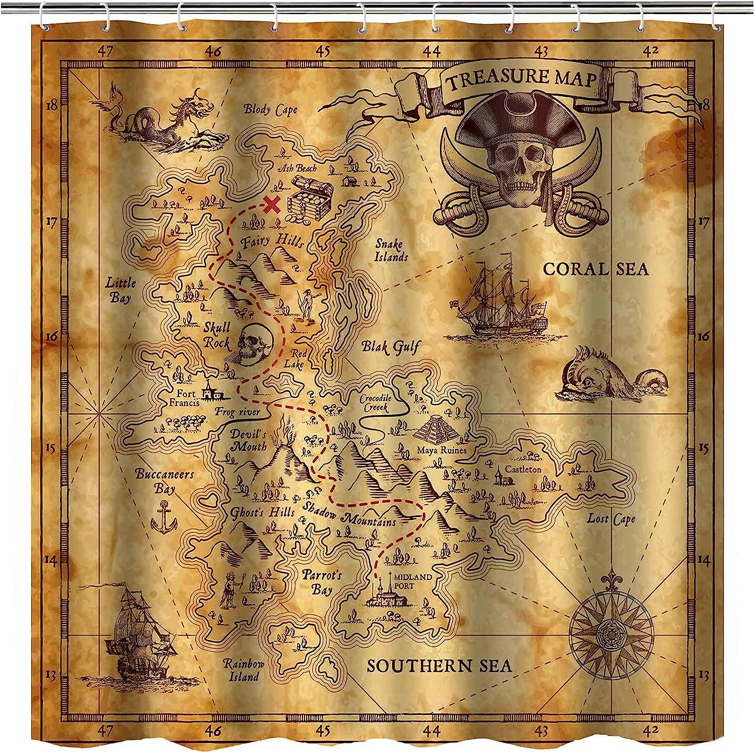 Nautical Pirate Treasure Map Shower Curtain - Pirate-Themed Bathroom Decor