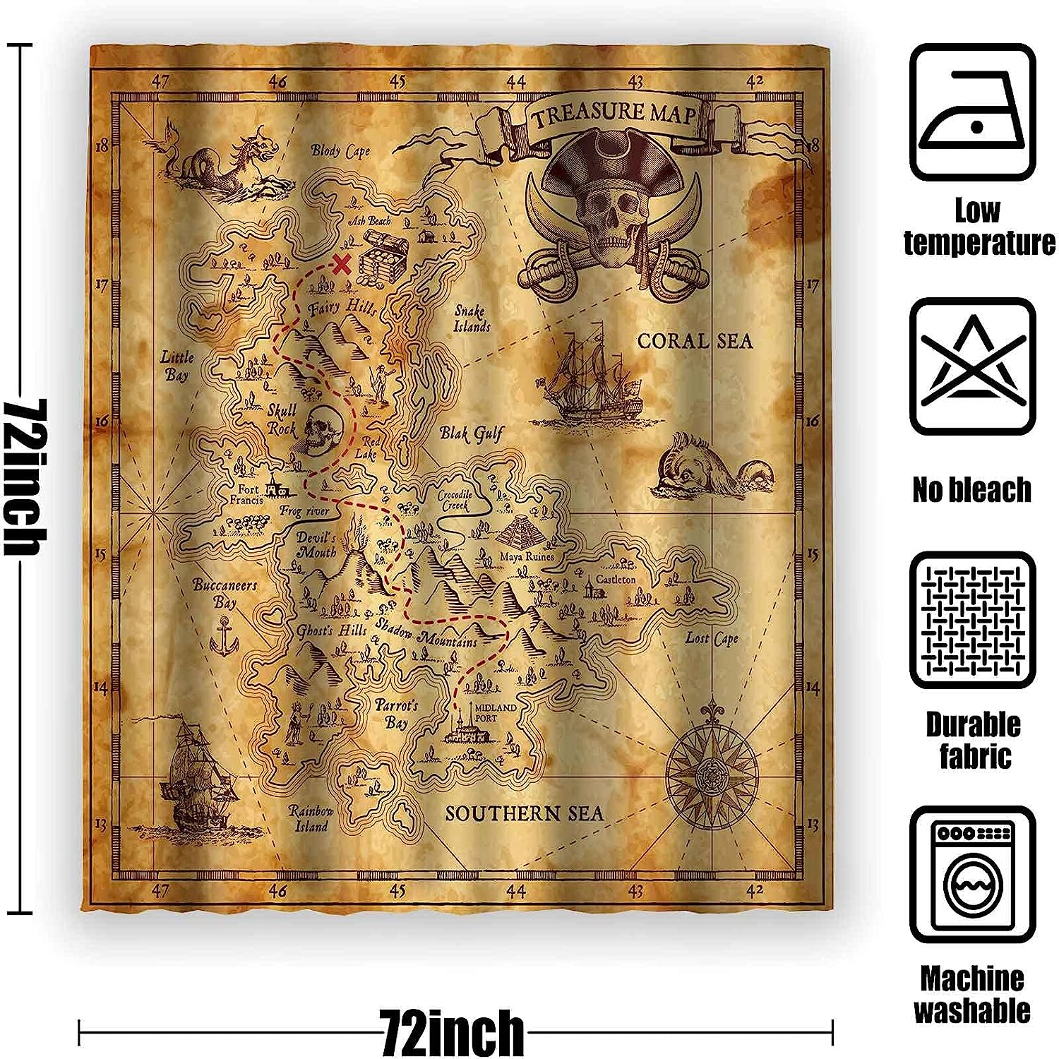 Nautical Pirate Treasure Map Shower Curtain - Pirate-Themed Bathroom Decor