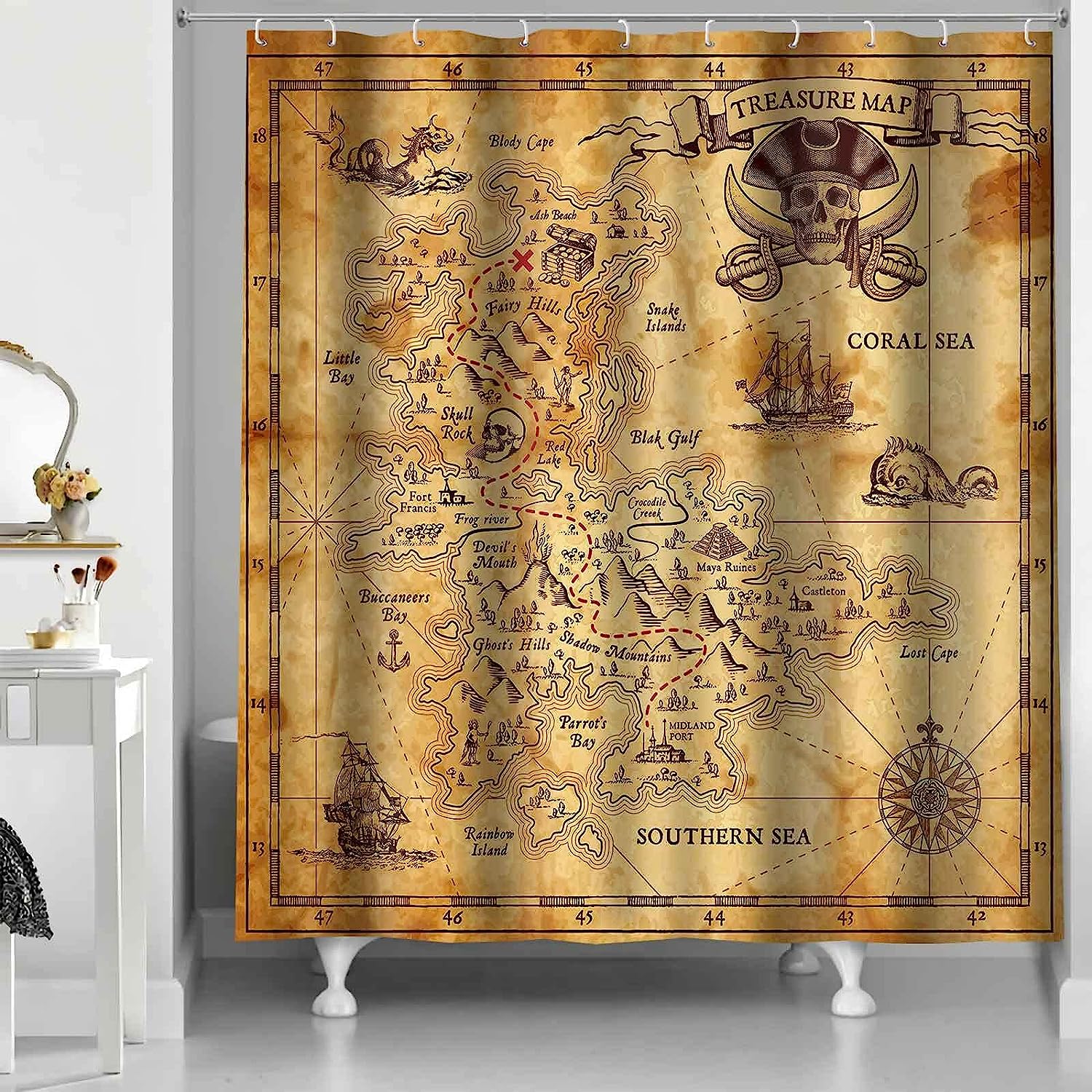 Nautical Pirate Treasure Map Shower Curtain - Pirate-Themed Bathroom Decor