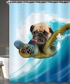 Nautical Pug Riding Turtle on Ocean Shower Curtain with Japanese Art