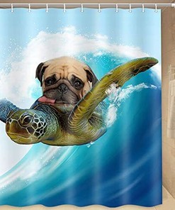Nautical Pug Riding Turtle on Ocean Shower Curtain with Japanese Art