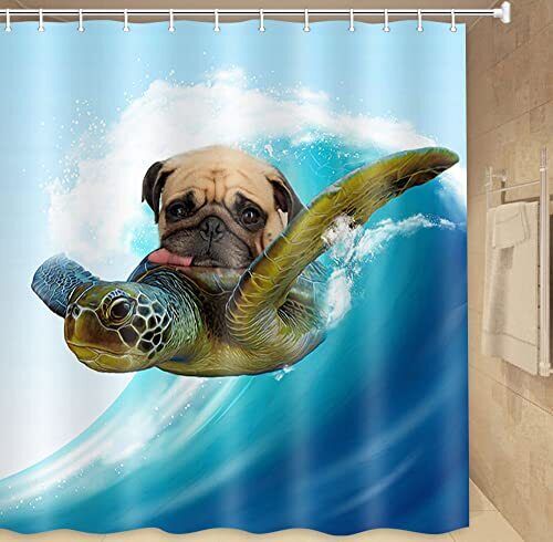 Nautical Pug Riding Turtle on Ocean Shower Curtain with Japanese Art