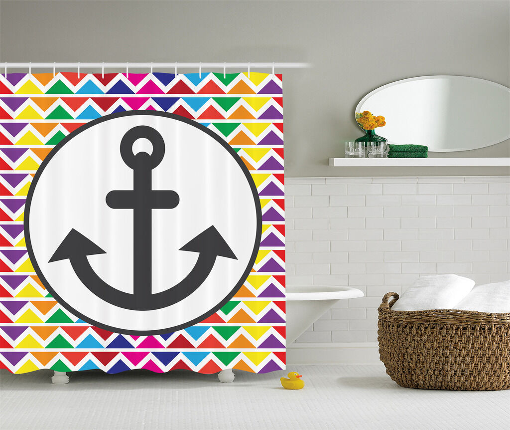 Nautical Rainbow Chevron and Anchor Shower Curtain for a Beachy and Fun Bathroom