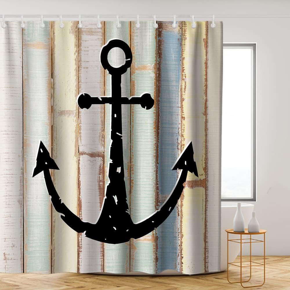 Nautical Rustic Planks Wooden Shower Curtain - LB Multicolor Marine Navigation Ocean Themed Bathroom Decor