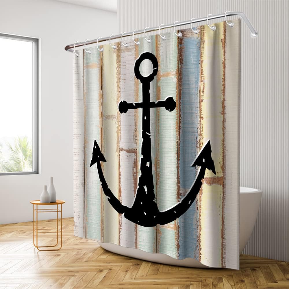 Nautical Rustic Planks Wooden Shower Curtain - LB Multicolor Marine Navigation Ocean Themed Bathroom Decor