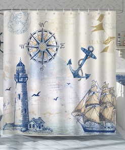Nautical Sailboat Bonhause Shower Curtain, Lighthouse And Compass Anchor Prints, Beach Decor For The Bathroom