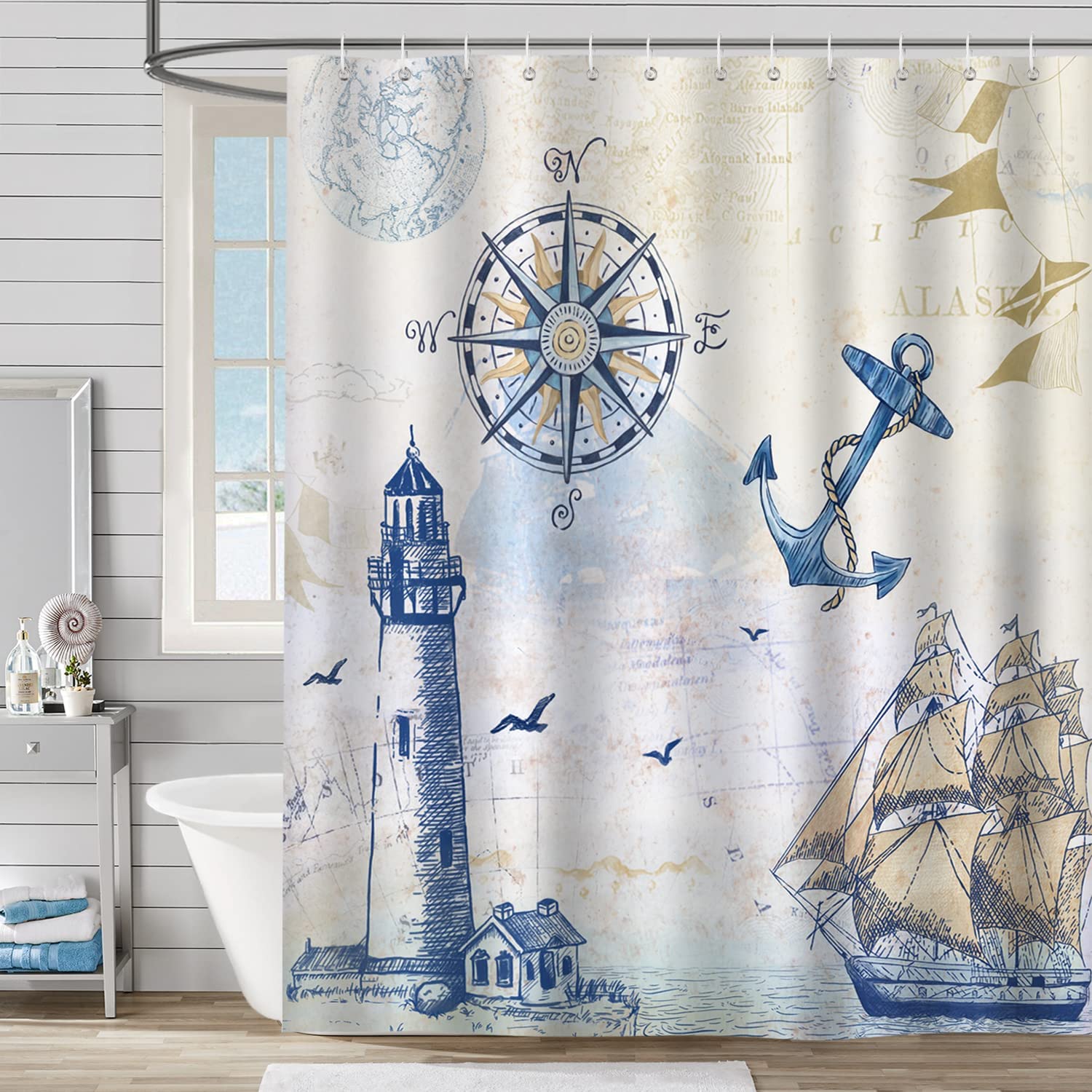 Nautical Sailboat Bonhause Shower Curtain, Lighthouse And Compass Anchor Prints, Beach Decor For The Bathroom - Image 2