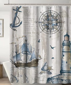 Nautical Sailboat Lighthouse Compass Anchor Shower Curtain With Waterproof Fabric, Unique Bathroom Decor Idea