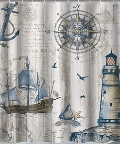 Nautical Sailboat Lighthouse Compass Anchor Shower Curtain With Waterproof Fabric, Unique Bathroom Decor Idea