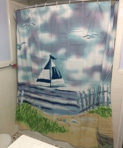 Nautical Sailboat Lighthouse Shower Curtain with Seashell Bathroom Decorations