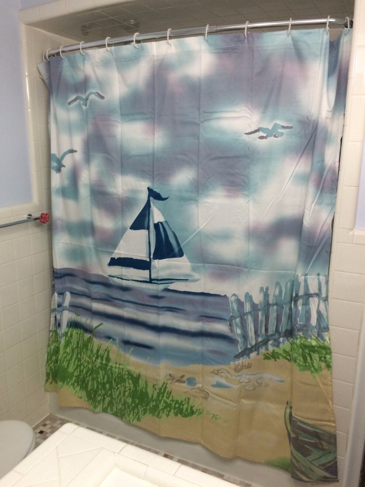 Nautical Sailboat Lighthouse Shower Curtain with Seashell Bathroom Decorations