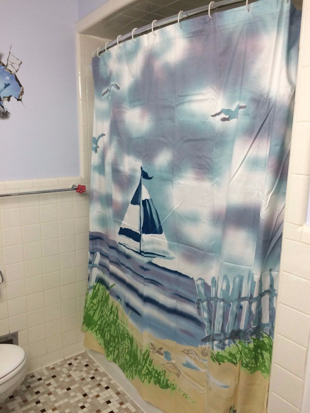 Nautical Sailboat Lighthouse Shower Curtain with Seashell Bathroom Decorations