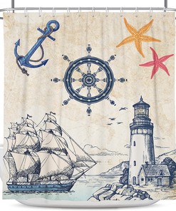 Nautical Sailboat Map Lighthouse Anchor Shower Curtain For Beach Theme Bathroom Decor