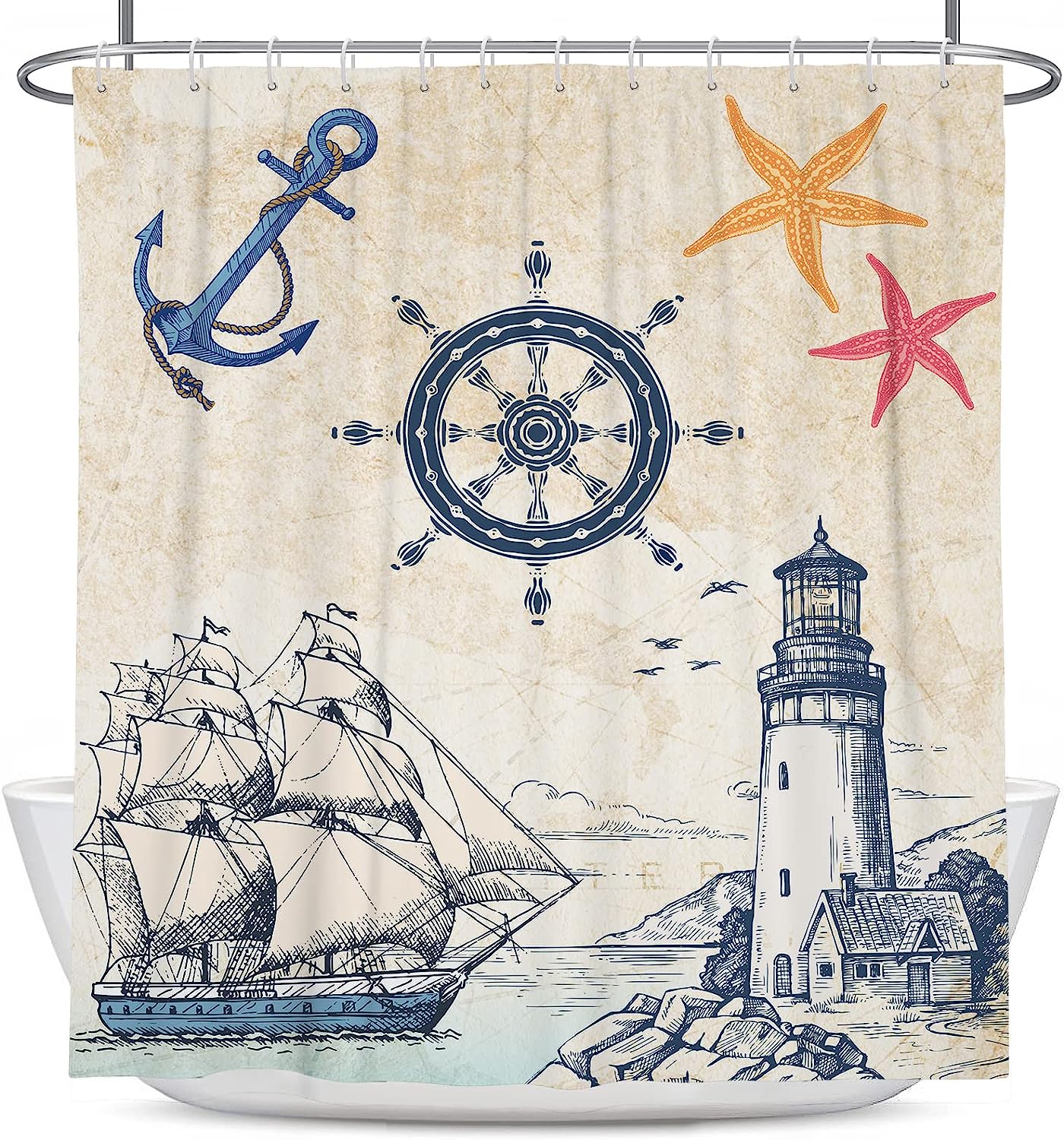 Nautical Sailboat Map Lighthouse Anchor Shower Curtain For Beach Theme Bathroom Decor