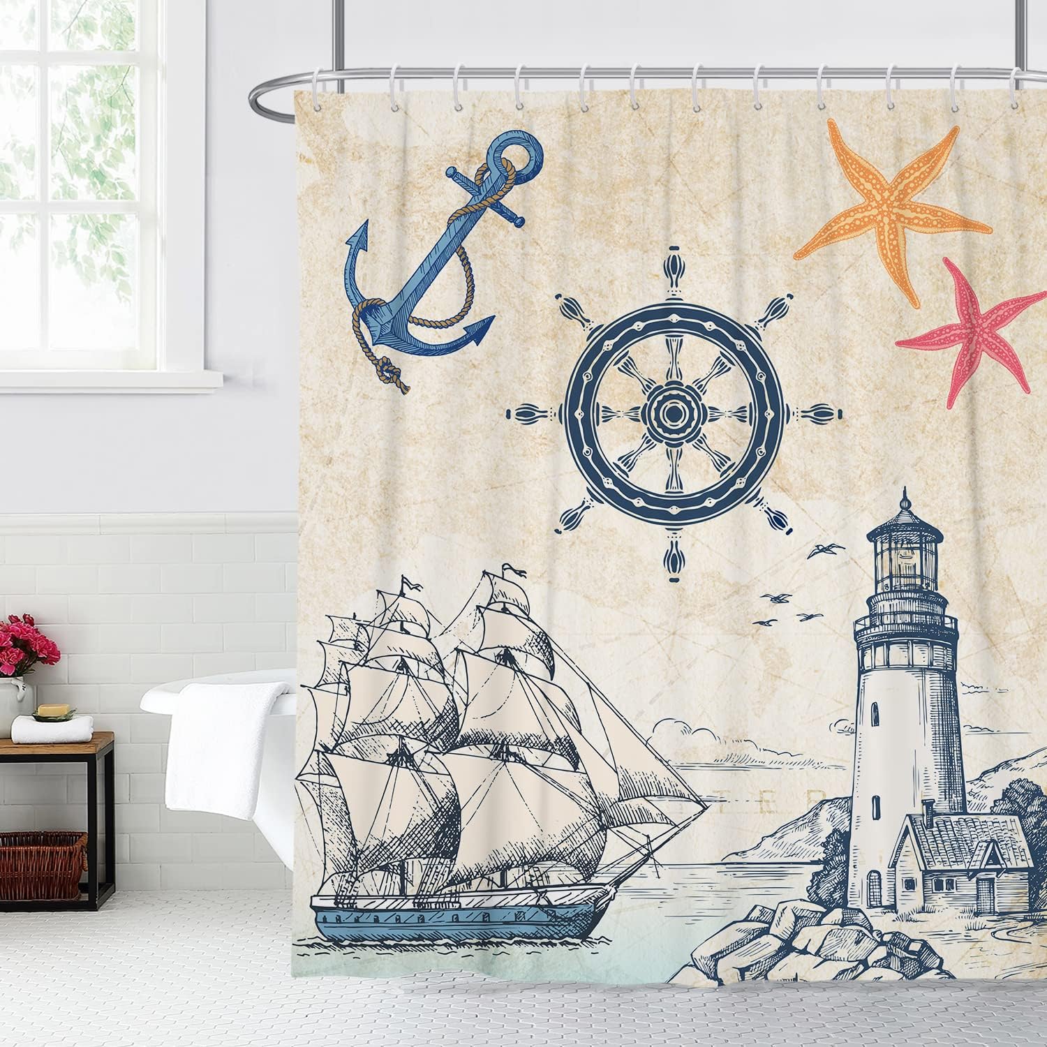 Nautical Sailboat Map Lighthouse Anchor Shower Curtain For Beach Theme Bathroom Decor - Image 2