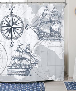 Nautical Sailboat Map Print Shower Curtain with Ship Anchor and Compass for Boys Bathroom Decor by Riyidecor