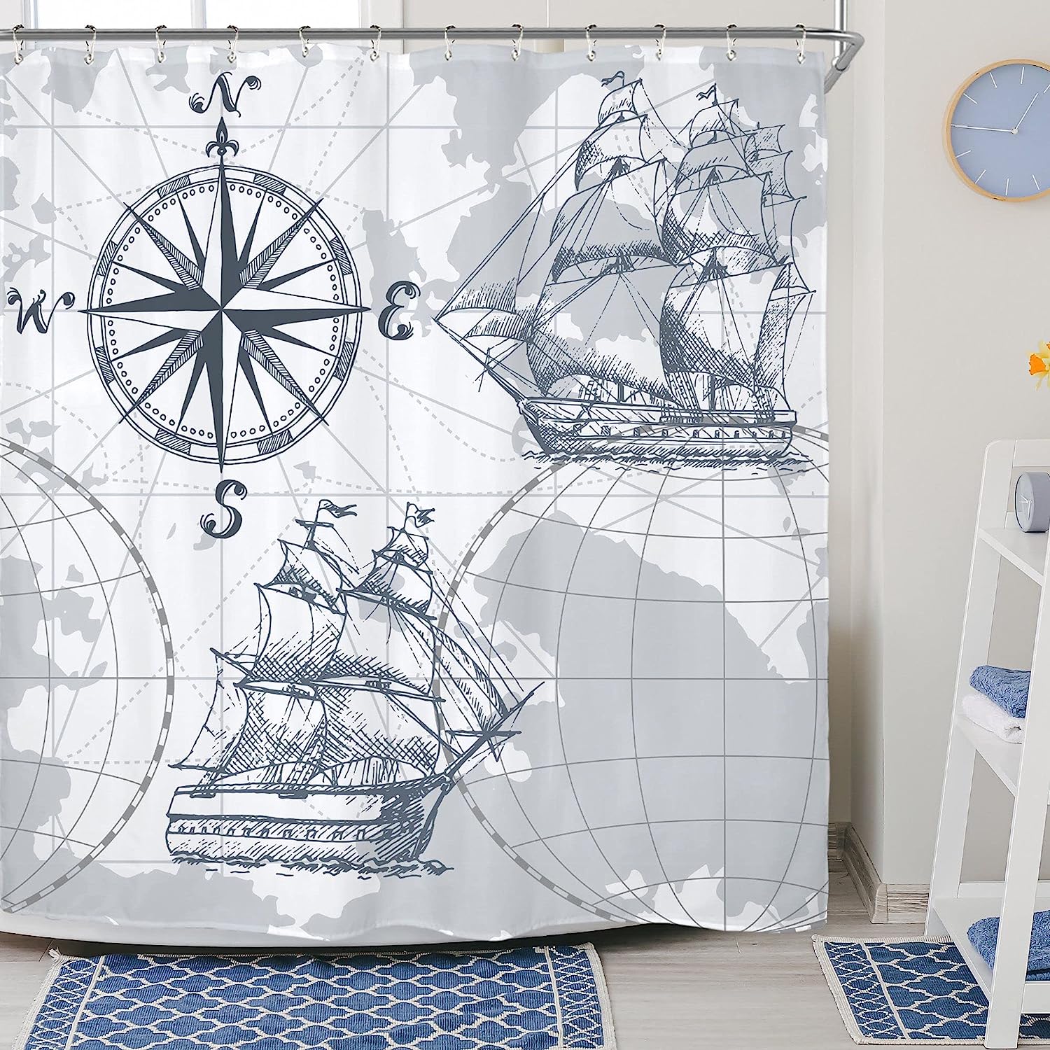 Nautical Sailboat Map Print Shower Curtain with Ship Anchor and Compass for Boys Bathroom Decor by Riyidecor