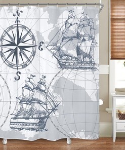 Nautical Sailboat Map Print Shower Curtain with Ship Anchor and Compass for Boys Bathroom Decor by Riyidecor