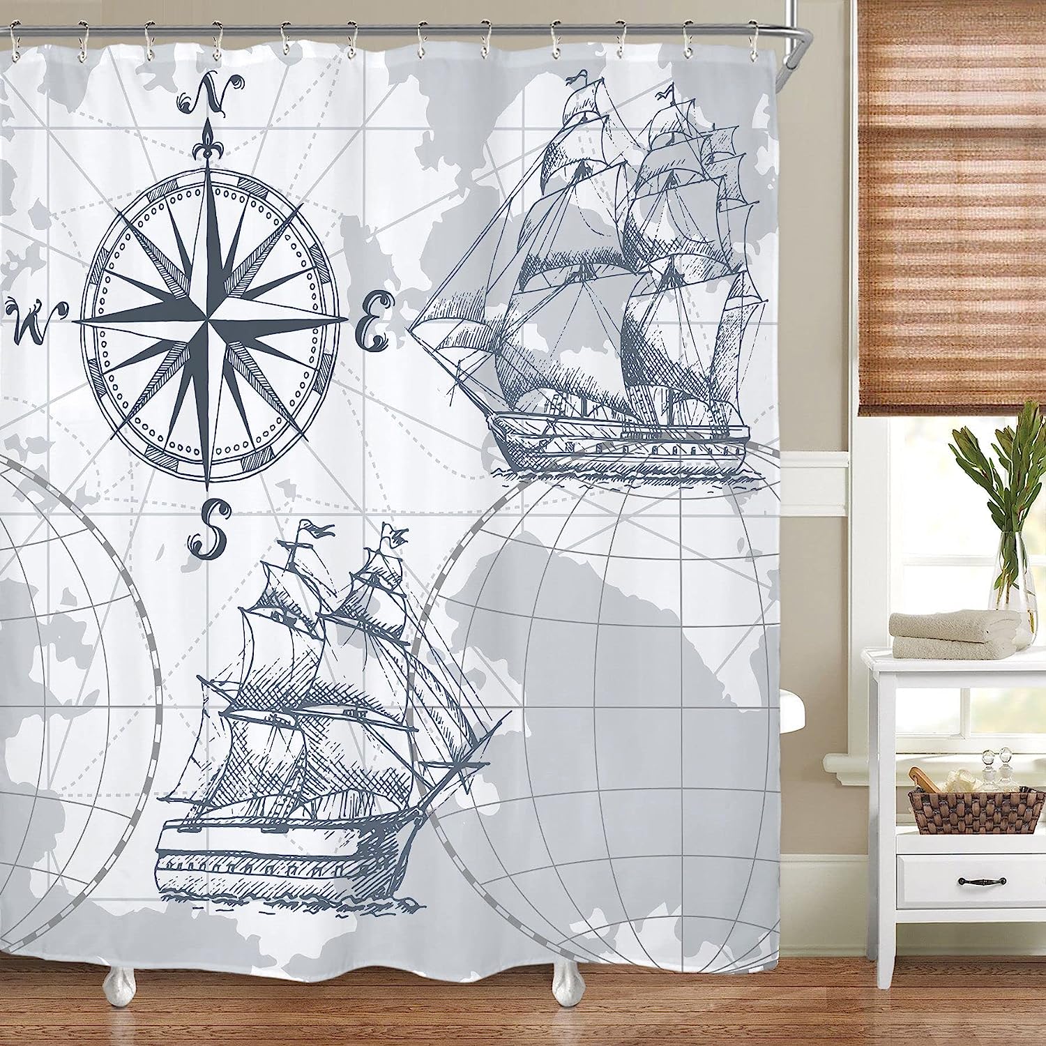Nautical Sailboat Map Print Shower Curtain with Ship Anchor and Compass for Boys Bathroom Decor by Riyidecor