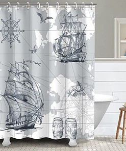 Nautical Sailboat Shower Curtain with Ocean Map and Anchor, Coastal Bathroom Decor 
