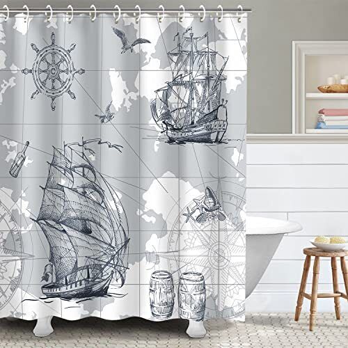 Nautical Sailboat Shower Curtain with Ocean Map and Anchor, Coastal Bathroom Decor