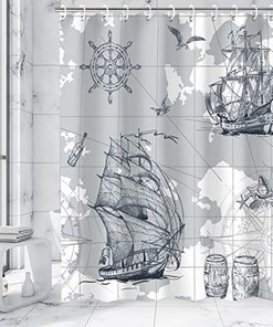 Nautical Sailboat Shower Curtain with Ocean Map and Anchor, Coastal Bathroom Decor