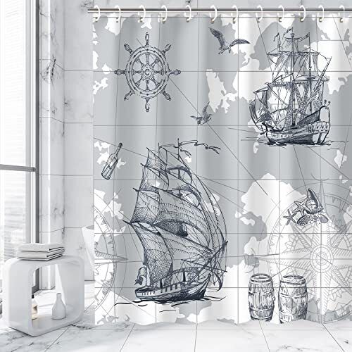 Nautical Sailboat Shower Curtain with Ocean Map and Anchor, Coastal Bathroom Decor