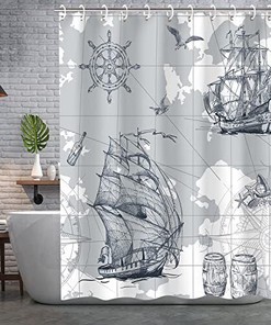 Nautical Sailboat Shower Curtain with Ocean Map and Anchor, Coastal Bathroom Decor