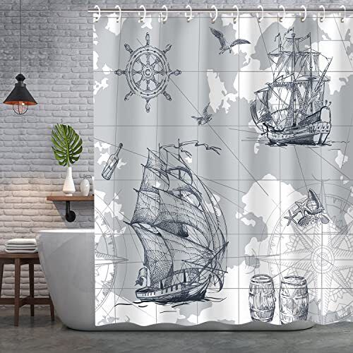 Nautical Sailboat Shower Curtain with Ocean Map and Anchor, Coastal Bathroom Decor