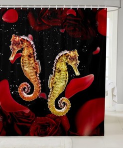 Nautical Sea Horse And Red Rose Shower Curtain For Adults.